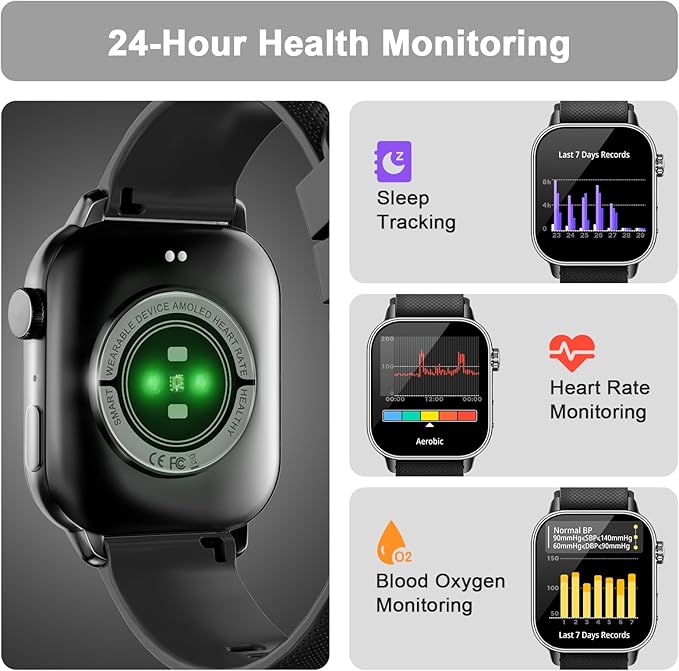 Smart Watch for Men Women, 1.85'' AMOLED HD Fitness Watch with 120+ Sports Modes, Bluetooth Call/Heart Rate/Sleep Monitor/Pedometer, Smartwatch for Android iOS, IP68 Waterproof, Light Black