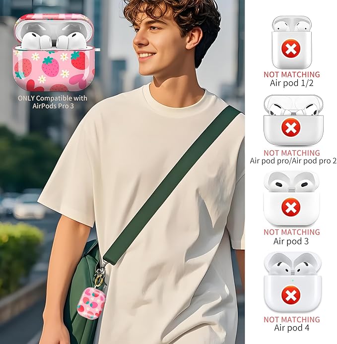 AirPod Pro 3 (2025) Case Cover for Women, Cute Shockproof TPU Protective Case with Gold Round Buckle, Anti-Drop Design Cute Strawberry