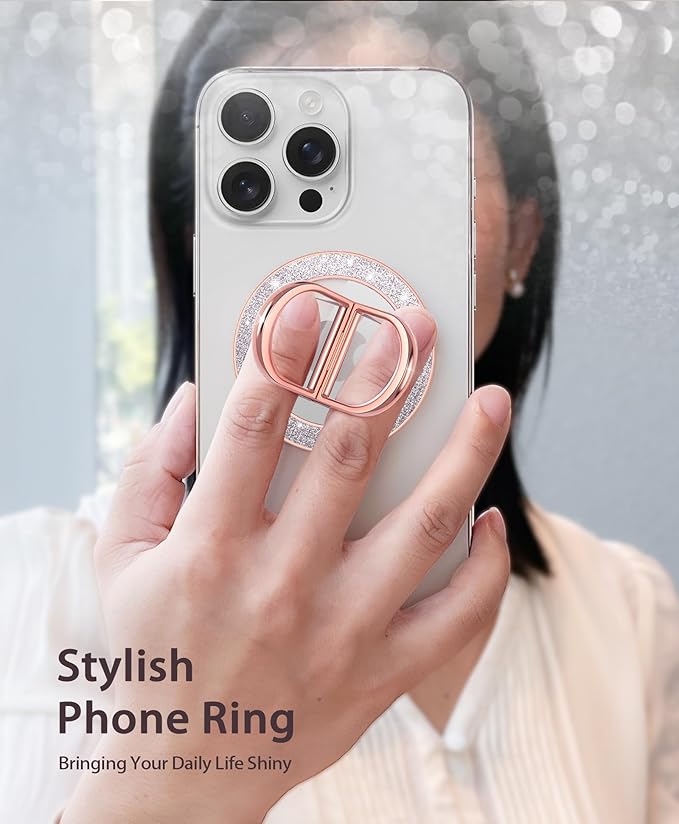 Magnetic Phone Grip | Phone Ring Holder | Stylish Twinkle Transparent with Phone Ring Holder for iPhone, Mag Safe Phone Ring Grip for iPhone & Android, Rosegold
