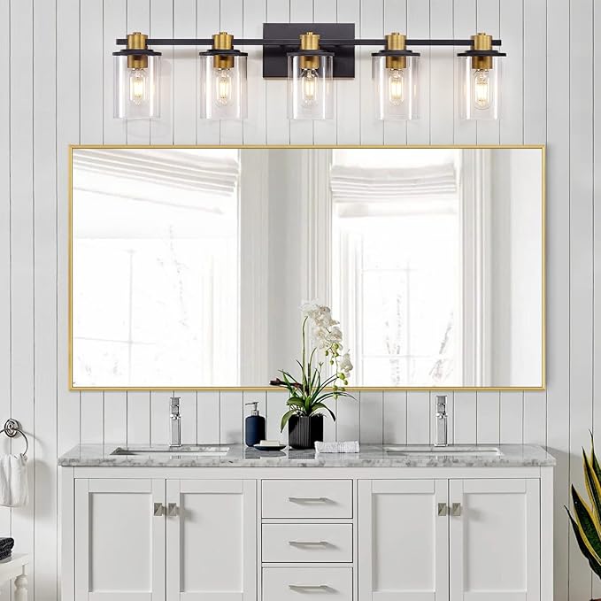 5 Light Bathroom Vanity Light, Black and Gold Bathroom Light Fixtures, Sconces Wall Lighting with Clear Glass Shade, Modern Brushed Gold Vanity Lighting fixtures for Bathroom, Bedroom, Hallway