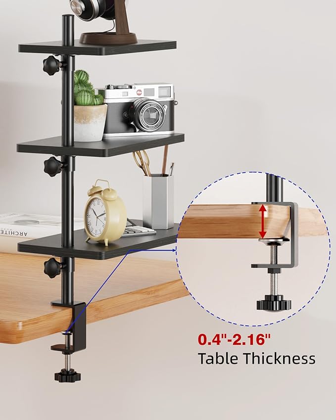 3 Tiers Clamp On Desk Shelf, 360¡ã Angle Adjustable Desktop Shelf Organizer for Home Office Gaming Room, No Drill Desk Extender Adapt to 0.4-2.16 inches Table Thick, Black Brown