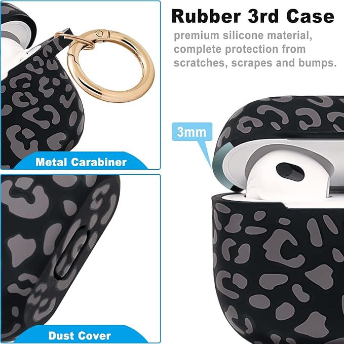 Leopard Silicone Compatible with AirPods 3 Case 2021, Gawnock Soft Case Flexible Compatible with AirPods 3rd Generation Print Cover for Women Girls with Keychain (Grey Leopard)