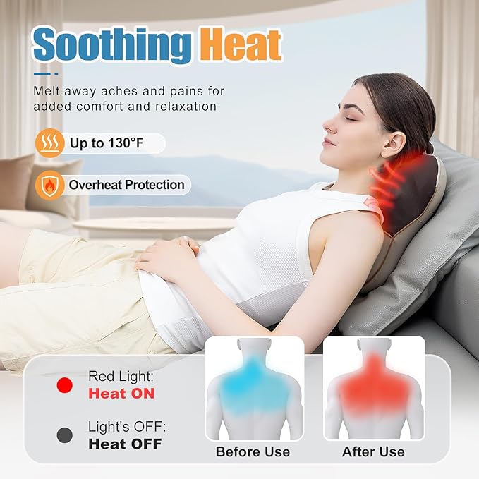 Shiatsu Neck and Back Massager with Heat, Back Massager for Pain Relief Deep Tissue, Massager for Neck and Shoulder Pain, Massage Pillow with Cover, Adjustable Straps & Portable Handle (No Battery)