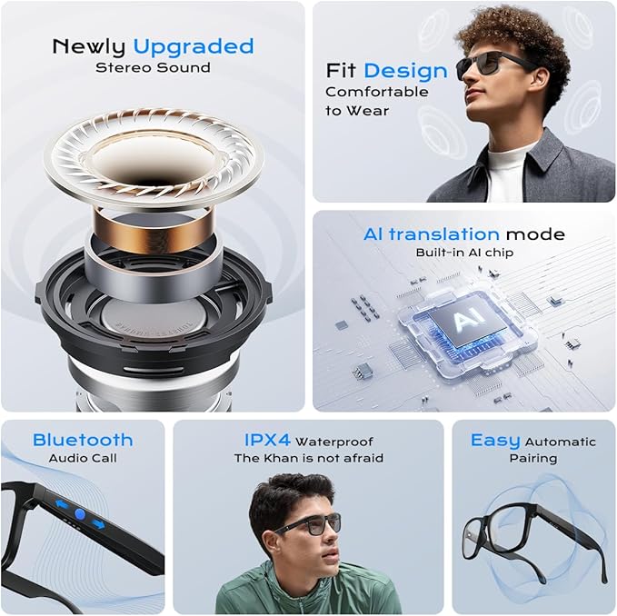 AI Smart Glasses ,Bluetooth Glasses with 140+ Languages Online Translation, Photochromic Lenses, Built-in Mic & Speakers,Anti-Blue Light Lens with Listening Voice Control,Perfect for Indoor Outdoor