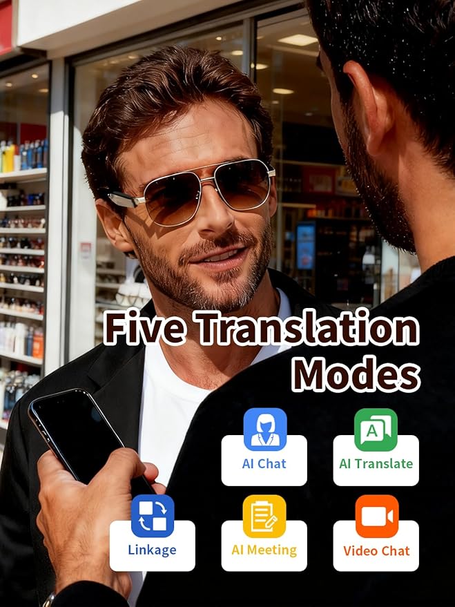 Bluetooth Sunglasses for Men, AI Smart Glasses with Open-Ear Speakers for Music & Calls, Blue Light Blocking UV400 Lenses Lightweight Translation Glasses for Driving, Travel & Work
