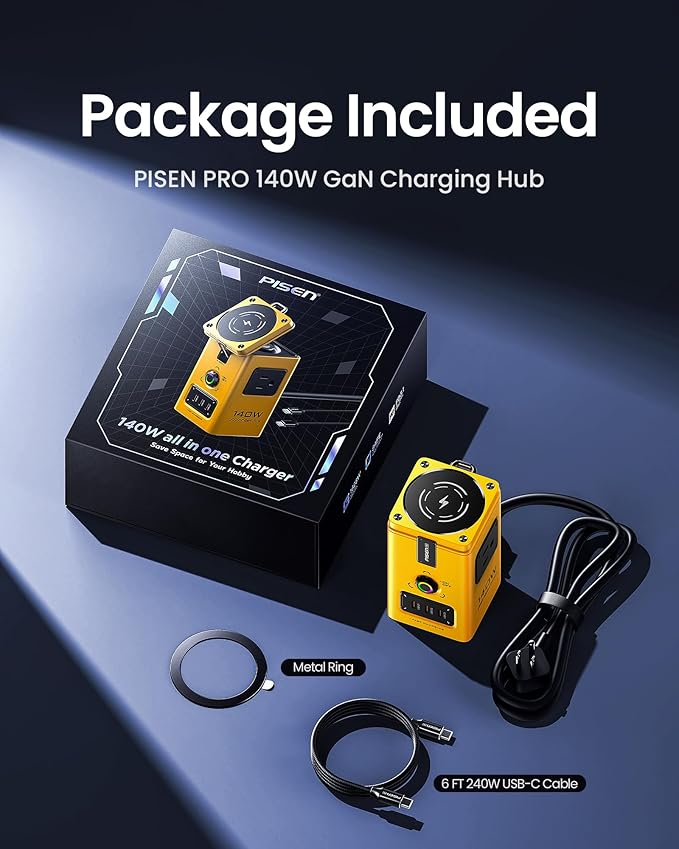 PISEN 8-in-1 Mag-Safe Charger Stand - 140W Charging Station for Multiple Devices Mag-Safe Stand Magnetic Qi2 Wireless Charger for iPhone 17/16/15/14/13/12, Magnetic Charger for Apple Watch (Yellow)