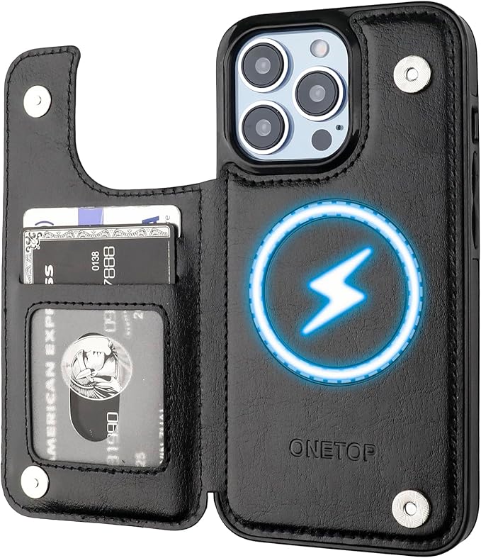 ONETOP Compatible with Magsafe for iPhone 13 Pro Wallet Case with Card Holder, PU Leather Kickstand RFID Blocking Case, Double Magnetic Clasp and Durable Shockproof Cover 6.1 Inch (Black)