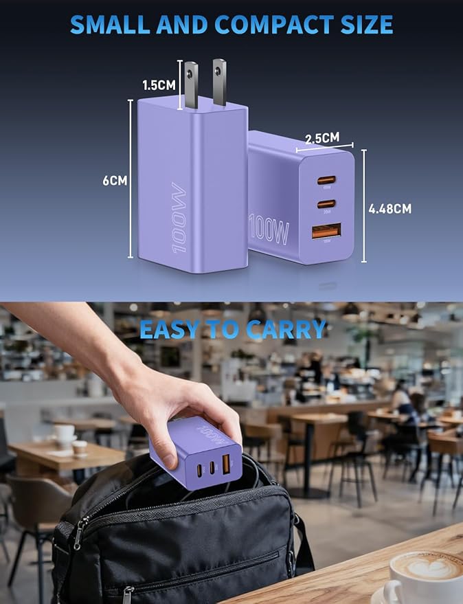 2Pack 100W USB C Charger Block, 3Port Fast Charging Adapter, Type C Fast Charging Blocks Cube PD USBC Wall Plug+QC3.0 USB A Charger Brick for MacBook Pro/Air,iPad,iPhone 17/16,Samsung S25 &More-Purple
