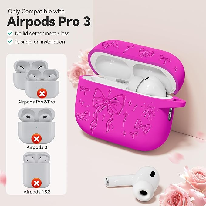 for Airpods Pro 3 Case Cover, Joremx Cute Bow Engraved Silicone Protective Case Cover with Keychain, Cleaner Kit for Airpods Pro 3rd Generation 2025 (Fluorescent Rose Red)