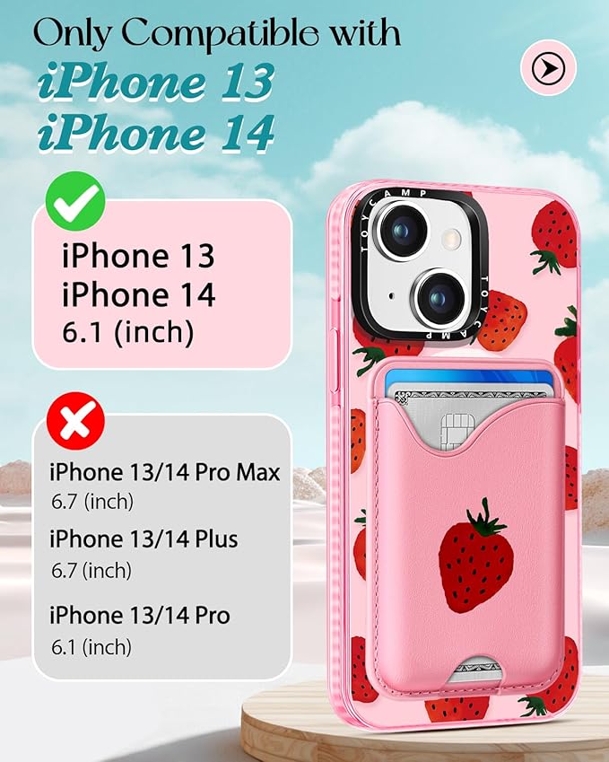 Toycamp for iPhone 14 Case, for iPhone 13 Case - Compatible with Magsafe Credit Card Holder Wallet Magnetic Cute Women Teen Girls Kawaii Girly Unique Strawberry Design Phone Cover for iPhone 14/13