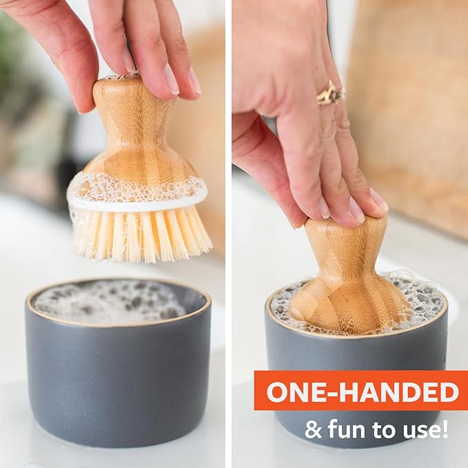 Full Circle Bubble Up Bamboo Dish Brush & Ceramic Soap Dispenser-Family Safe, Formaldehyde-Free-Kitchen Scrub Brush for Dishes, Nonstick & Cast Iron,Gray