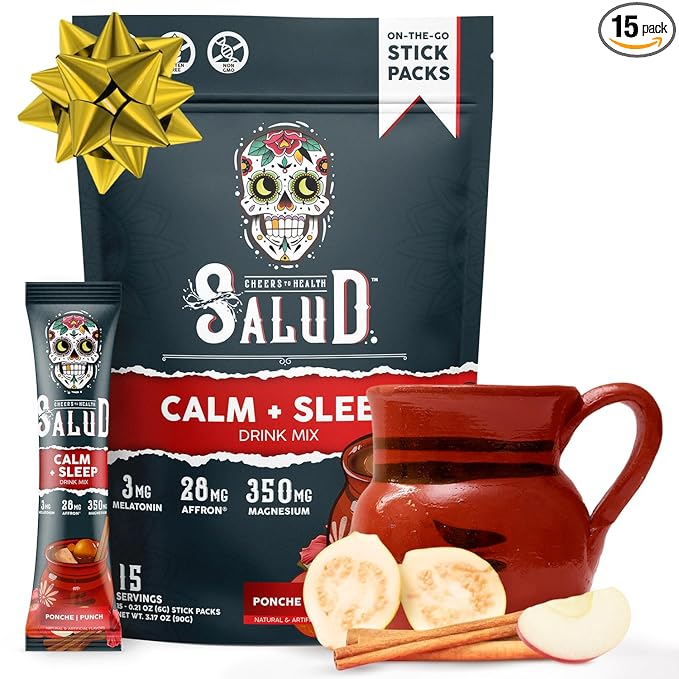 Salud 2-in-1 Sleep Aid + Calm Drink Mix, Punch Ponche Flavor, Melatonin, Magnesium, Saffron Extract, L-Theanine, Non-GMO, Gluten Free, Vegan, Low Calorie, 1g of Sugar (15 Servings)