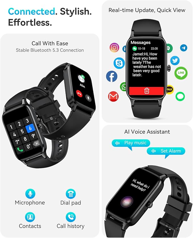 Fitness Tracker for Women Men, Activity Smart Watch Compatible with Android iPhone, Step Counter with 110+ Sports, Sleep Monitor, Calorie Counter, IP68 Waterproof (Black, 1.57)