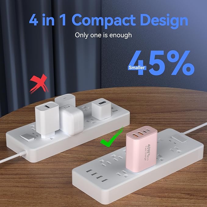 USB C Wall Fast Charger Block, 40W 4-Port Type C Chargers Fast Charging Blocks PD Power Charger Adapter+QC 3.0 USB Multiport Charger Brick for Phone 17/16/15/14/13/12 Pro Max, i-Pad, Galaxy S25-2Pack