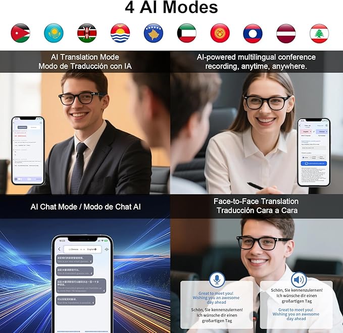 AI Smart Glasses for Men Women with Chat GPT, Bluetooth Translation Glasses - Supports 165+ Languages, Blue Light Filter with Open-Ear Speakers, Music Playback, Hands-Free Calls for Travel Trade.