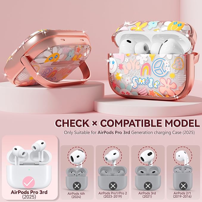 Inesore for AirPods Pro 3 Case 2025 with Lock, for Women Girly Floral Clear Case Compatible with Apple Airpods Pro 3rd Generation Cover, with Phone Stand,Keychain & Cleaner Kit-Pink Smile Graffiti