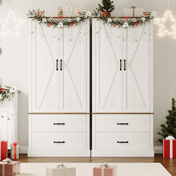 IDEALHOUSE Kitchen Pantry Storage Cabinet with Barn Doors, Drawer, and 2 Adjustable Shelves, Freestanding Tall Hutch with Microwave Stand for Kitchen, Dining Room, White