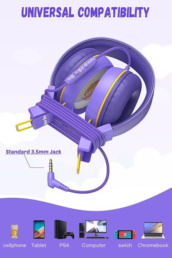 New bee Kids Headphones for School with Microphone KH20 HD Stereo Safe Volume Limited 85dB/94dB Foldable Lightweight On-Ear Headphone for PC/Mac/Android/Kindle/Tablet/Pad (Purple)