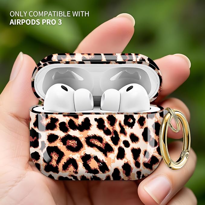 Cute Hard Case Compatible with AirPods Pro 3rd Generation Case (2025), Shockproof Protective Cover with Golden Keychain Ring Clip (Brown Leopard)