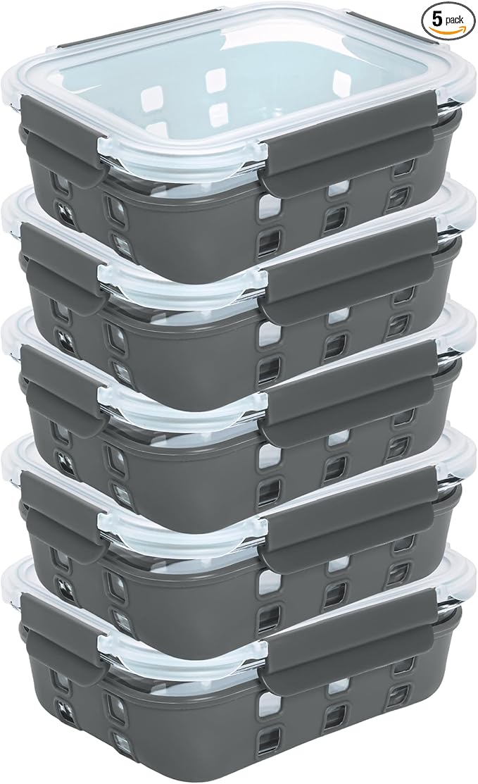 ECOBERI 4.5 Cup Glass Meal Prep Containers with Lids & Silicone Sleeves, 5-Pack Airtight, Leak-Resistant Food Storage Containers for Fridge, Freezer, Oven & Microwave