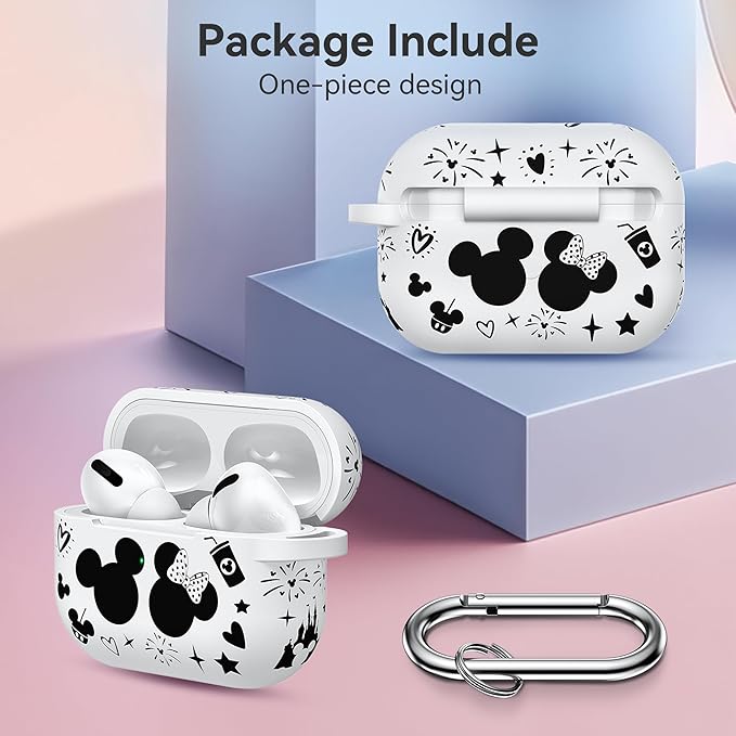Compatible with Airpods Pro 2nd/1st Generation Case Cover with Keychain, Women Men Soft Silicone Two-Tone Cute Cartoon Engraved Convenience Protective Case, Front LED Visible White/Black
