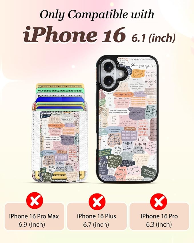 Shorogyt for iPhone 16 Wallet Case - Fits 5 Cards, Compatible with Magsafe Detachable Magnetic Credit Card Holder Leather Cardholder Cute Phone Cover Women Girls for Apple 16, Collage