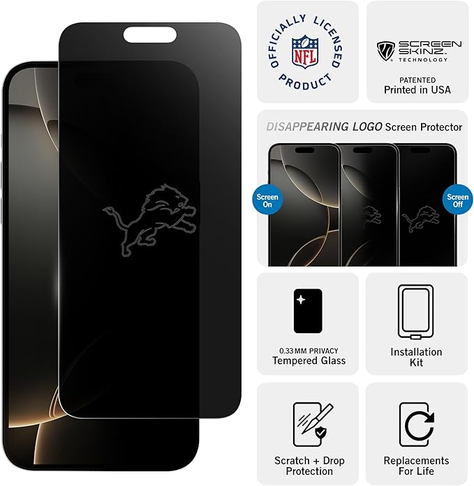 NFL Detroit Lions Privacy Screen Protector for iPhone 14 Pro with Disappearing Logo - Scratch-Resistant and Easy-to-Install Screen Protectors (Includes Installation Tray)