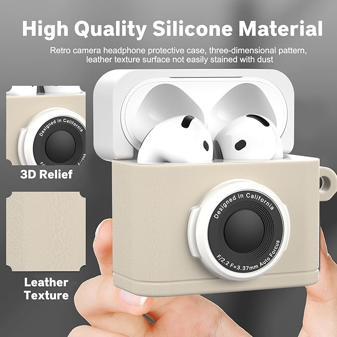 Valkit Compatible Airpods 4 Generation Case with Cleaner Kit, Cute 3D Camera Design Airpods 4 Case Cover with Keychain Shockproof Protective Soft Silicone Case for Airpods 4 Gen for Men Women(Beige)