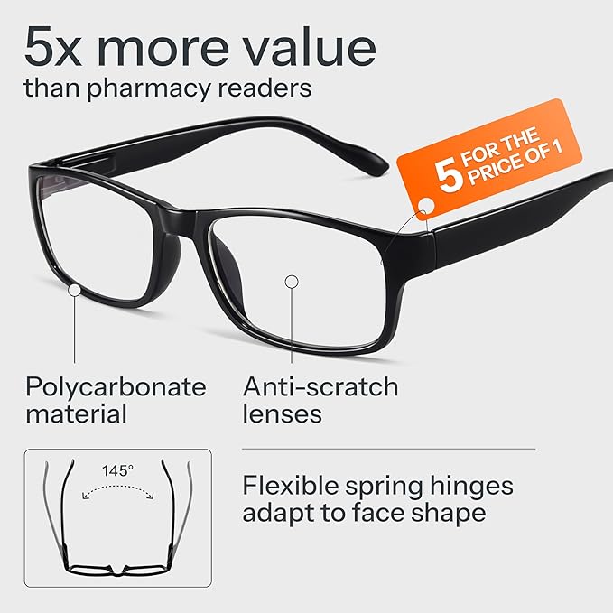 Gaoye 1.25 Professional Reading Glasses for All Day - Computer Readers with Blue Light Protection - Value Pack