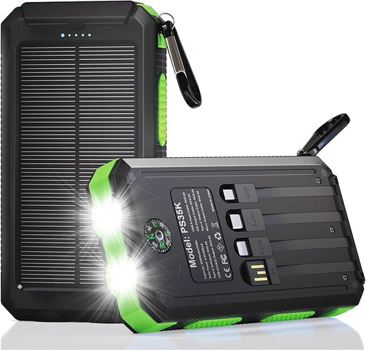 Solar Charger Power Bank 20,000mAh, Portable Charger, 4 Cables 3 Ports Fast Charging External Battery Pack with USB C for Cell Phones, Solar Panel Charger with Dual Flashlight for Camping Green