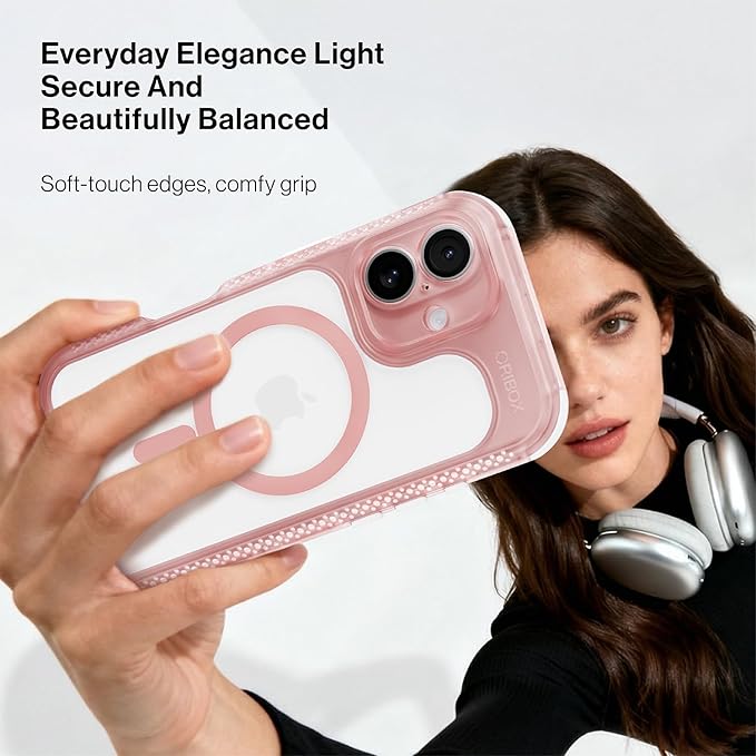 ORIbox Seralyn Series for iPhone 16 Case - MagSafe Compatible, Triple-Layer Shockproof Protection, Crystal-Clear Back with Elegant Matte Frame(6.1", Blush Rose)
