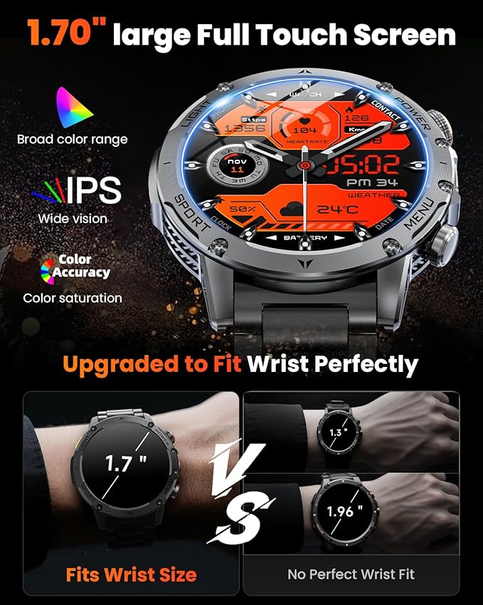 Military Smart Watches for Men, Smart Watch with 1000 mAh Battery/Answer/Dial Calls/Fitness Tracker/Flashlight/Heart Rate/Sleep Monitor/100+ Sports Mode, 1.7″ Waterproof Smartwatch for Android/iPhone