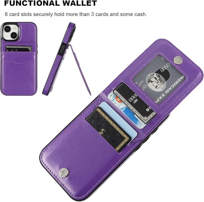 KIHUWEY Compatible with iPhone 15 Case Wallet with Credit Card Holder, Flip Premium Leather Magnetic Clasp Kickstand Heavy Duty Protective Cover for iPhone 15 6.1 Inch (Dark Purple)