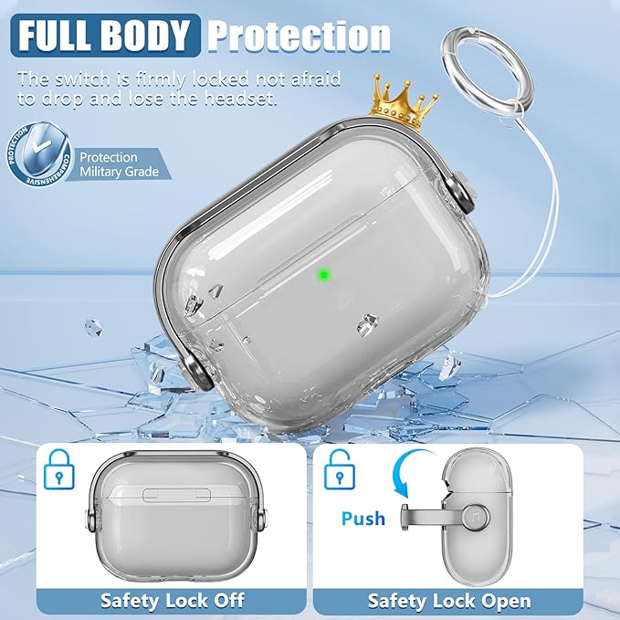 for Airpods Pro 3 Case,Safety Lock Cases for Apple Airpod Pro 3 (2025) with Phone Stand & Cleaner Kit,Drop Protection Air pods Pro3 Case Cover for Men Women with Keychain,Clear Black