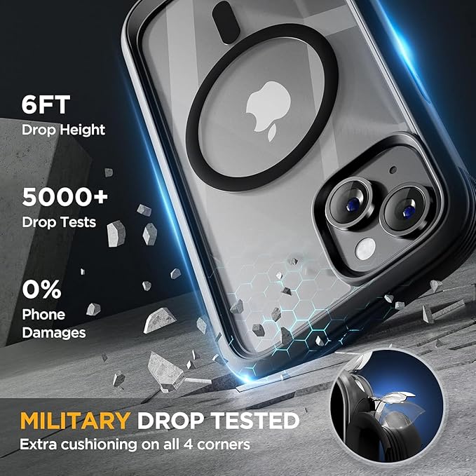 Miracase Glass Series Designed for iPhone 14 Plus Case 6.7 inch, 2023 Upgrade Full-Body Magnetic Clear Case with Built-in 9H Tempered Glass Screen Protector,Compatible with MagSafe,Black