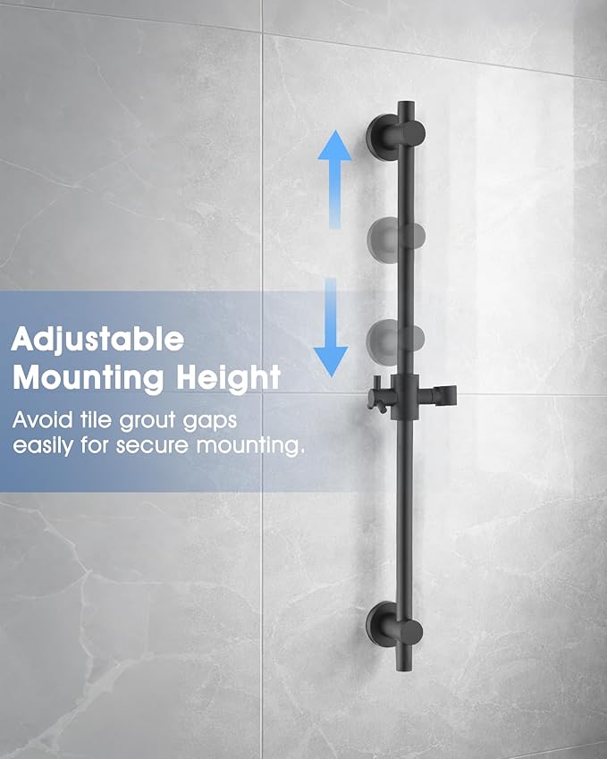 Shower Slide Bar with Adjustable Handheld Shower Head Holder, 25 Inch SUS304 Stainless Steel Shower Rail, Replacement for RV, Camper, Hotel & Bathroom, Polished Matte Black