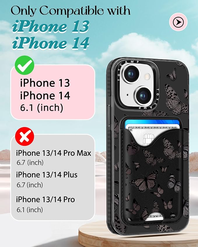 Toycamp for iPhone 14 Case, for iPhone 13 Case - Compatible with Magsafe Credit Card Holder Wallet Magnetic Cute Women Teen Girls Kawaii Girly Black Butterfly Design Phone Cover for iPhone 14/13