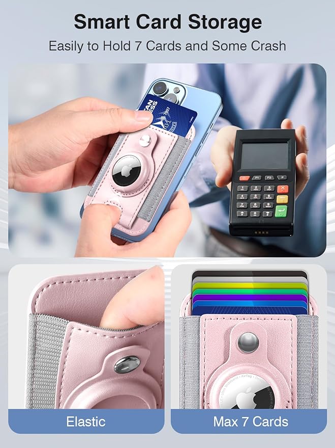 Miroddi Pink Magnetic Wallet Card Holder for iPhone, Holds Up to 7 Cards, AirTag Holder, RFID Blocking Protection, Unisex-Adults
