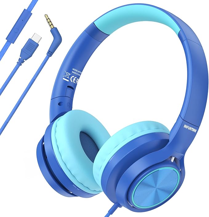Kids Headphones with 3.5mm & USB C Wired Headphones, USB C Headphones Kids for School, Lightweight On-Ear Headphones Built-in Mic & Safe Volume Limited for classroom/Girls/Boys/Travel/Tablets((Blue)