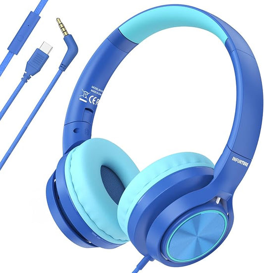 Kids Headphones with 3.5mm & USB C Wired Headphones, USB C Headphones Kids for School, Lightweight On-Ear Headphones Built-in Mic & Safe Volume Limited for classroom/Girls/Boys/Travel/Tablets((Blue)