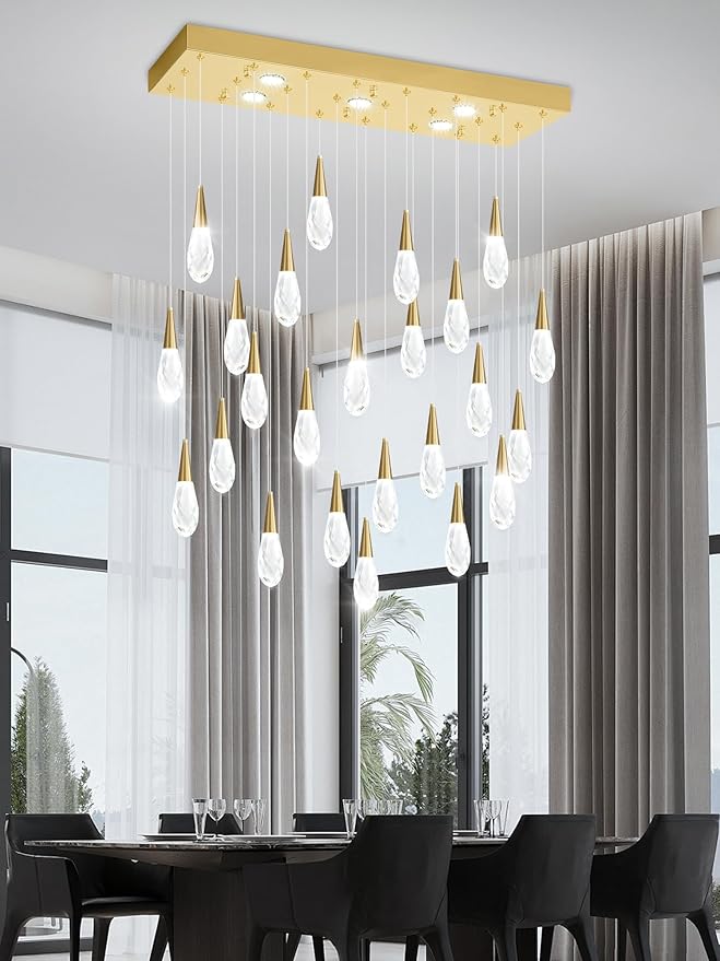 Rectangular Chandelier 24-Lights LED Dimmable Raindrop Chandeliers for High Ceiling Large Chandelier Light Fixture Gold High Ceiling Pendant Lights for Villa Living Room Staircase