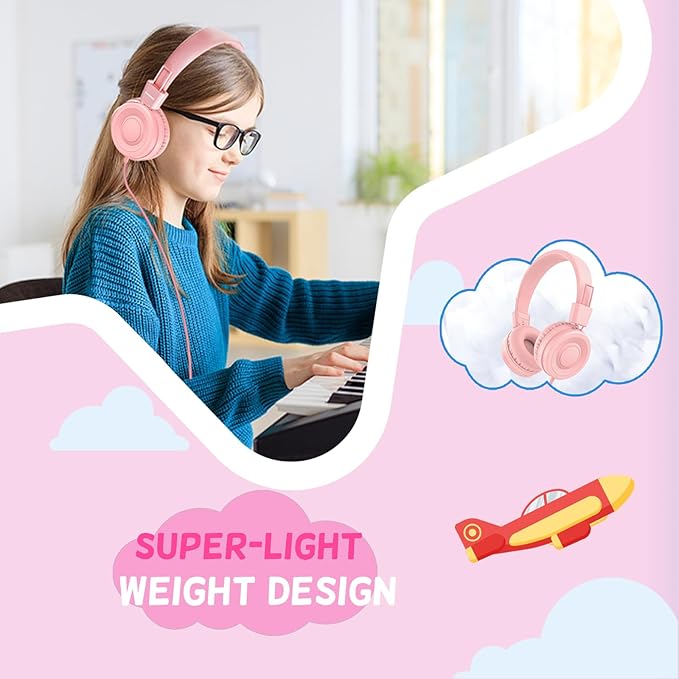 USB Type C Kids Headphones for School, Wired Toddler Headphones, 94dB Volume Limited, HD Stereo Sound, Foldable Lightweight On-Ear Wired Headphones for Kids/Children/Teens/Boys (Light Pink)