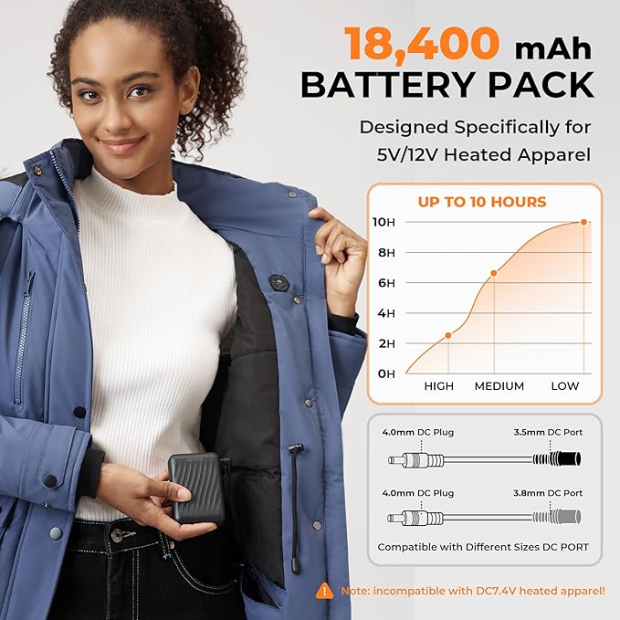𝟭𝟮𝗩 𝟭𝟴𝟰𝟬𝟬𝗺𝗔𝗵 Heated Jacket Battery Pack - Power Bank with LED Display and 2 Adapter Cables for Wulcea, ULUSERN, Genovega, and Other Outdoor Heating Coat