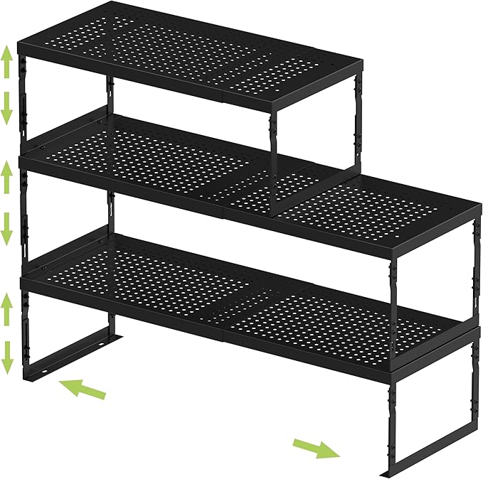 Adjustable Stackable Metal Storage Shelf Organizer - Expandable Wire Rack with Perforations for Kitchen, Pantry, Bathroom, Cabinet & Office-Compact, Durable & Sturdy (3PACKS/Large/Black)
