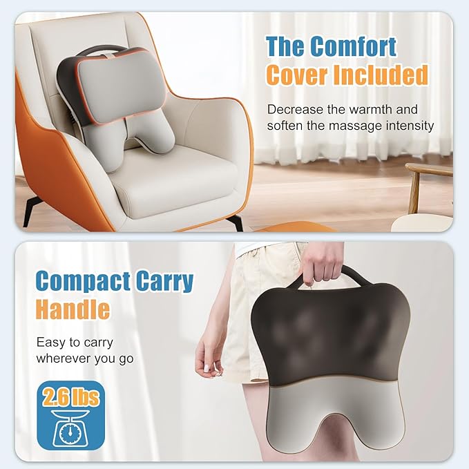 Sotion Shiatsu Neck and Back Massager with Heat, Deep Tissue Pain Relief for Neck, Shoulder and Back, Massage Pillow with Cover, Adjustable Straps & Portable Handle(No Battery)