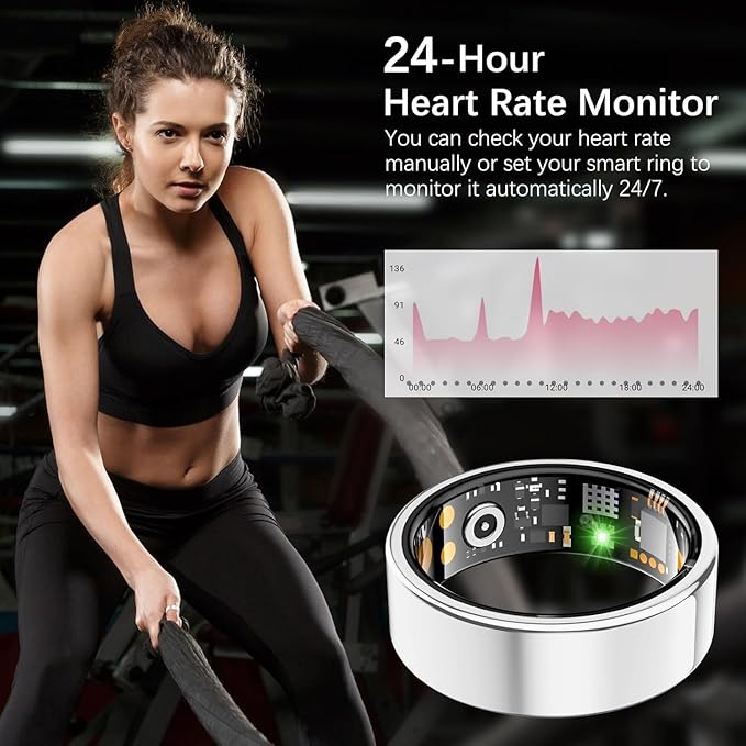 Ring Health Tracker for Women Men, Fit Ring with Heart Rate, Blood Oxygen, Sleep Monitor, Calories, Step Counter, IP68 Waterproof Smart Ring for iPhone & Android, No Subscription Fee (Silver, 9#)