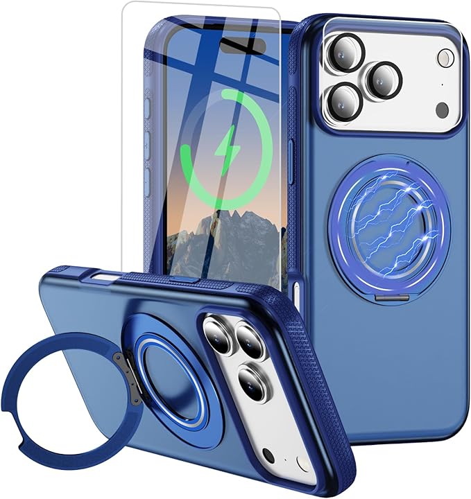 for iPhone 17 Pro Max Case [Compatible with Magsafe] [15 FT Military Grade Drop Protection] with Screen Protector & Lens Protector,Shockproof Kickstand Phone Case for iPhone 17 Pro Max (Blue)