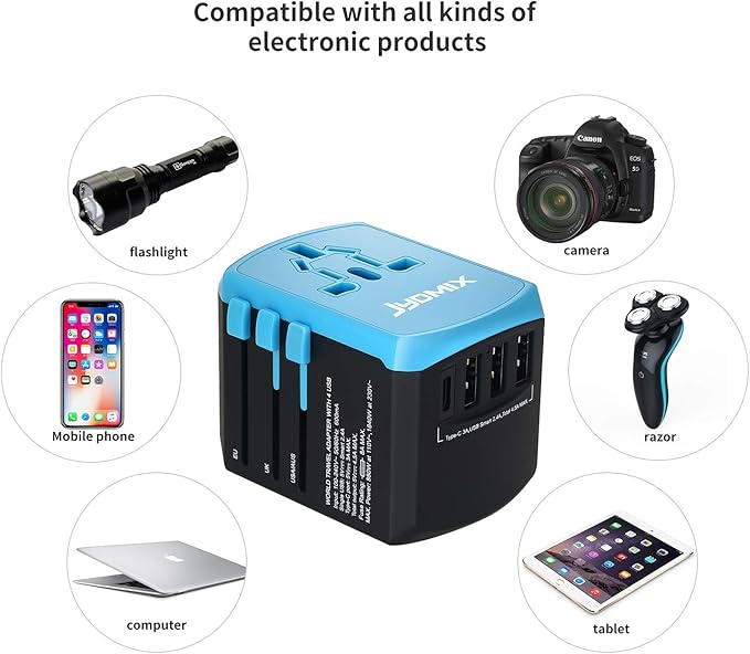 All in One Universal USB Travel Power Adapter with 3 USB Port and Type-C International Wall Charger Worldwide AC Power Plug 8 Pin AC Socket for Multi-Nation Travel UK, EU, AU, Asia
