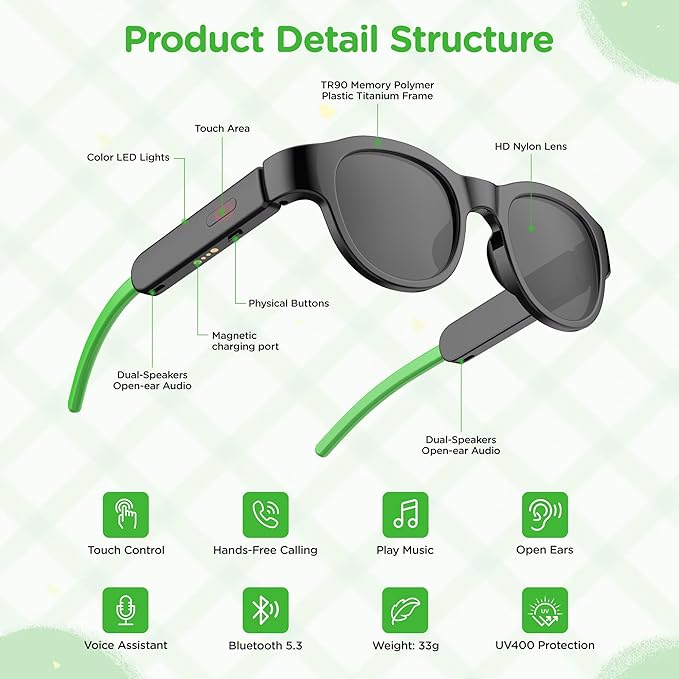 Kids Bluetooth Sunglasses for Boys & Girls 6-12, Smart Polarized UV400 Glasses (Black)