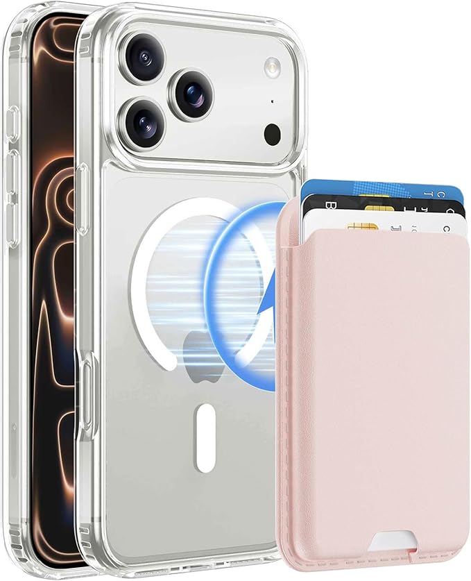 Magnetic for iPhone 17 Pro Max Clear Case with Pink Detachable Wallet, Compatible with MagSafe, Credit Card Holder with Slim Shockproof Protective Phone Cover
